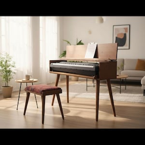 Puede incluir: Un piano digital de madera con teclado, atril y un taburete a juego con asiento estampado. El piano tiene un diseño moderno de mediados de siglo con patas cónicas. La habitación tiene una paleta de colores neutros con luz natural.