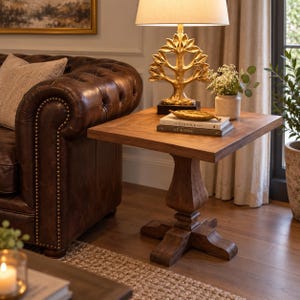 Pode incluir: Uma mesa lateral quadrada de madeira com uma base de pedestal apresentando uma coluna central e quatro pés. A superfície da mesa sustenta um candeeiro dourado em forma de árvore, um pequeno prato dourado em forma de folha e dois livros empilhados intitulados The Kinfolk Home e At Home.