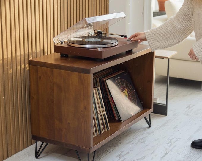 Wooden Record Player Stand, Solid Vinyl Storage Stand,, Retro Record LP Cabinet, Turntable Stand with Shelve, Media Console, Tv Cabinet