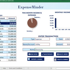 May include: A computer screen displaying a spreadsheet application called Expense Minder. The spreadsheet is used to track income and expenses. The spreadsheet has a chart showing income and expenses for the month. The spreadsheet also has a section for entering new transactions.
