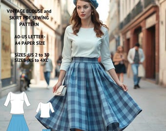 Vintage Skirt and Blouse Sewing Pattern: Full Circle Skirt (US 2-30) (Digital Download)