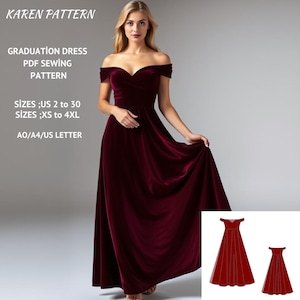 Patrón de costura de vestido largo de graduación, patrón de costura de vestido largo de fiesta, rango de opciones de tamaño US 2-30 y XS - 4XL, adecuado para A0- A4-US Letter
