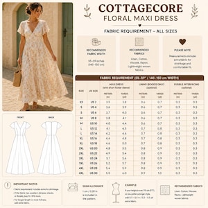 May include: A sewing pattern for a floral maxi dress with flutter sleeves, featuring a size chart for US sizes 2-30, fabric requirements in yards and meters, and technical line drawings showing the front and back views of the garment.
