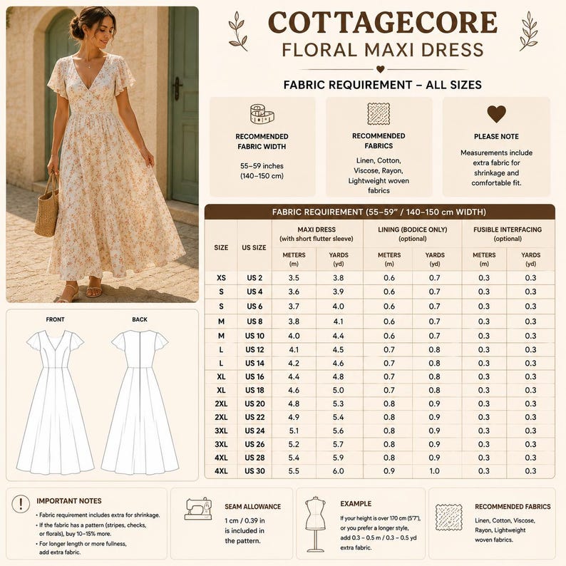 May include: A sewing pattern for a floral maxi dress with flutter sleeves, featuring a size chart for US sizes 2-30, fabric requirements in yards and meters, and technical line drawings showing the front and back views of the garment.