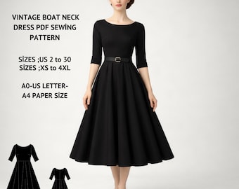 1950s Boat Neck Dress Sewing Pattern, Midi Full Circle Skirt (US 2-30) (PDF Pattern)