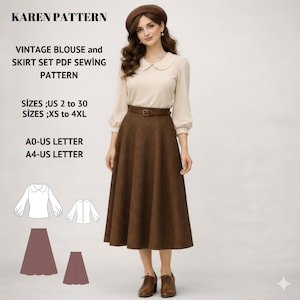 May include: A woman models a vintage blouse and skirt set. The cream-coloured blouse has a Peter Pan collar and long sleeves. The dark brown skirt is A-line. Text on the image reads: "KAREN PATTERN", "VINTAGE BLOUSE and SKIRT SET PDF SEWING PATTERN".