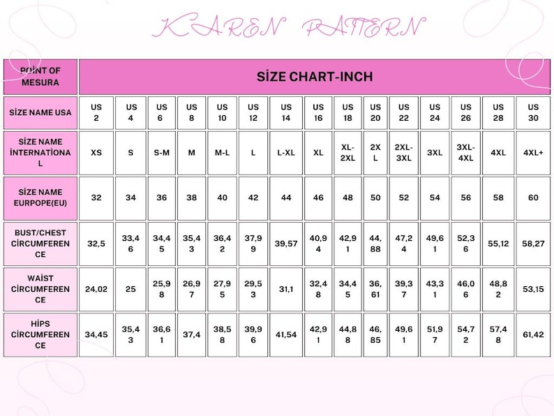 May include: A pink and white size chart titled KAREN PATTERN. The table displays US sizes 2 through 30, international sizes XS through 4XL+, and European sizes 32 through 60, with corresponding bust, waist, and hip measurements in inches.