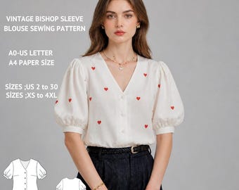 Vintage Bishop Sleeve Blouse Sewing Pattern, Heart Print V-Neck Top (PDF Download)