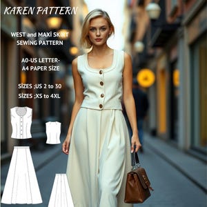 Può includere: Un cartamodello per una camicetta bianca senza maniche e una gonna maxi. Il cartamodello è disponibile nelle taglie italiane 38-52 e XS-4XL. Il cartamodello è stampato su carta A4 ed è disponibile in formato lettera US.