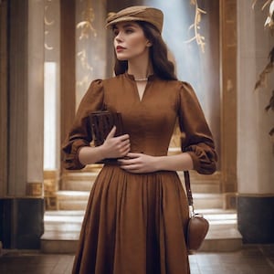 Puede incluir: Una mujer con un vestido marrón con un corpiño ajustado y una falda completa. Lleva un bolso de mano marrón y un bolso de hombro marrón. Lleva un sombrero de paja de ala ancha.