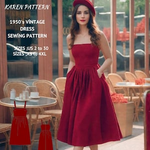 May include: A red vintage dress sewing pattern for sizes US 2 to 30 and XS to 4XL. The pattern features a fitted bodice and a full skirt with pockets. The pattern is shown on a model wearing a red dress.