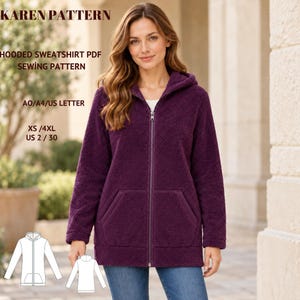 Può includere: Una felpa con cappuccio e zip color viola scuro con finitura testurizzata tipo pile, maniche lunghe e due tasche frontali. Il testo recita: KAREN PATTERN, HOODED SWEATSHIRT PDF SEWING PATTERN, A0/A4/US LETTER, XS/4XL, US 2/30. Include un diagramma.