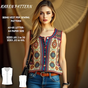 Boho Patchwork Vest Sewing Pattern:Women&#39;s XS-4XL (PDF Pattern)