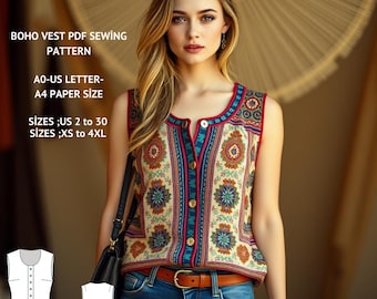 Boho Patchwork Vest Sewing Pattern:Women's XS-4XL (PDF Pattern)
