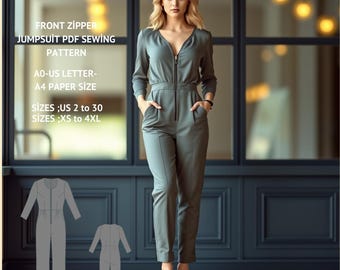 Front Zipper Jumpsuit Sewing Pattern:Maxi Overalls (XS-4XL) (PDF Pattern)