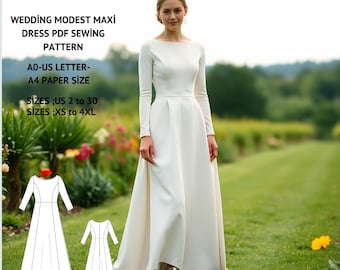 Modest Wedding Maxi Dress Sewing Pattern: Celtic Gown (US 2-30, XS-4XL) (PDF Pattern)