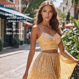 Patrón de conjunto de verano Cottagecore, top corto con tirantes y falda midi, tallas A0-A4-Carta; EE. UU. 2 a 30 (Nuestra colección incluye opciones de tallas grandes)