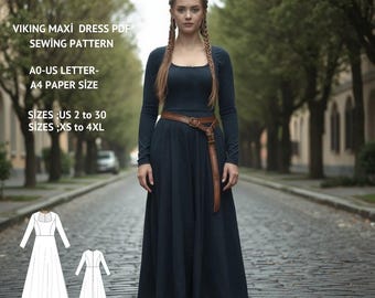 Viking Maxi Dress Sewing Pattern: Renaissance, Elvish Costume (XS-4XL) (PDF Pattern)