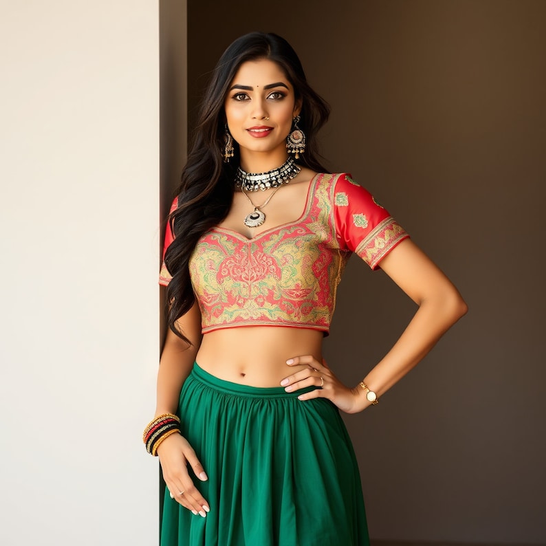 May include: A woman wearing a red and gold embroidered blouse with a green skirt. She is wearing silver jewellery, including a necklace with a pendant, earrings, and bangles.