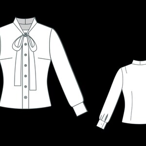 May include: A white long-sleeved blouse with a bow tie detail and button-down front. The blouse features a classic collar and cuffs. A second view of the blouse shows the back with long sleeves and cuffs.