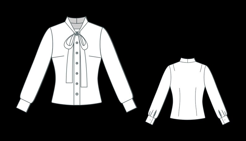 May include: A white long-sleeved blouse with a bow tie detail and button-down front. The blouse features a classic collar and cuffs. A second view of the blouse shows the back with long sleeves and cuffs.