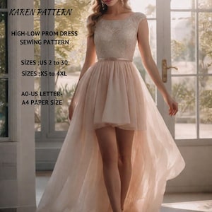 Peut inclure: Un patron de couture pour une robe de bal haute-basse. La robe présente un corsage perlé, une taille ajustée et une jupe fluide. Le patron comprend les tailles US 2 à 30 et XS à 4XL. Disponible en formats A0-US et A4.