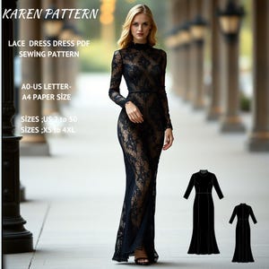 Può includere: Un cartamodello per un abito in pizzo nero con una modella che indossa l'abito. Il cartamodello comprende le taglie italiane 38 a 52 e XS a 4XL. Il cartamodello è disponibile nei formati A0-US Letter e A4.