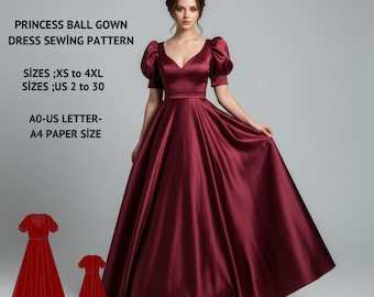 Princess Ball Gown Pattern –Satin Evening Dress – Puff Sleeves & Circle Skirt – Sewing Pattern PDF (A0 A4 US Letter) (PDF Pattern)