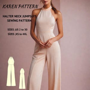 Puede incluir: Un patrón de costura para un mono con cuello halter. El patrón incluye las tallas US 2 a 30 y XS a 4XL. El patrón está ilustrado con un dibujo de línea del mono.