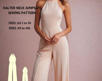 Halter Neck Flared Leg Jumpsuit Sewing Pattern(XS-4XL)
