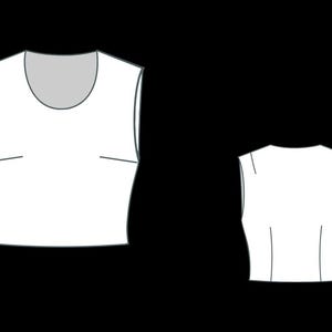 May include: Two white sleeveless tops are displayed against a black background. The top on the left has a scoop neckline and horizontal darts. The top on the right is a back view of a similar style.