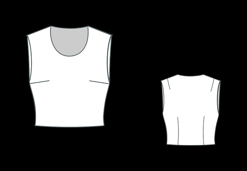 May include: Two white sleeveless tops are displayed against a black background. The top on the left has a scoop neckline and horizontal darts. The top on the right is a back view of a similar style.