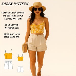 Patrón de conjunto de pantalones cortos y corpiño de lino de verano, corpiño con tirantes y pantalones cortos, tallas A0-A4-Carta; EE. UU. 2 a 30