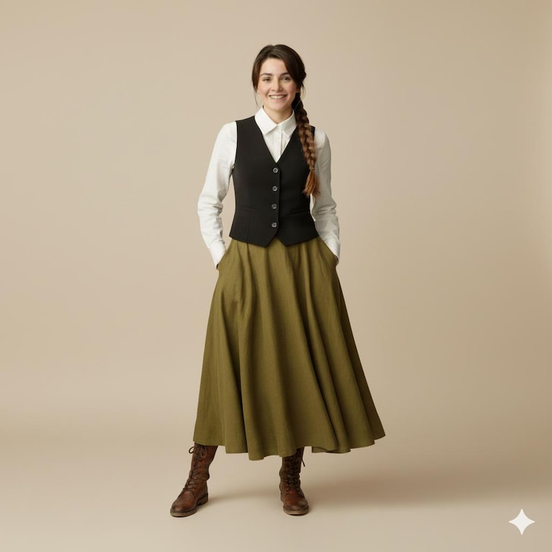 May include: A woman wearing a black vest over a white button-down shirt, paired with an olive green maxi skirt and brown boots. The outfit is a blend of classic and rustic styles, suitable for various occasions.