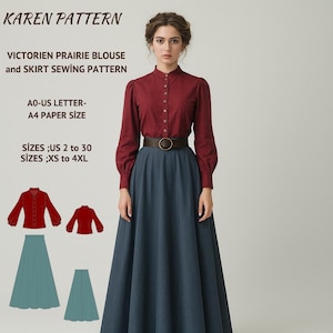 May include: A woman models a Victorian prairie blouse and skirt. The blouse is a deep red with a high collar and button details. The skirt is a long, flowing denim blue. The pattern is available in US sizes 2 to 30 and XS to 4XL.