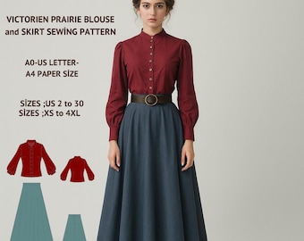 May include: A woman models a Victorian prairie blouse and skirt. The blouse is a deep red with a high collar and button details. The skirt is a long, flowing denim blue. The pattern is available in US sizes 2 to 30 and XS to 4XL.