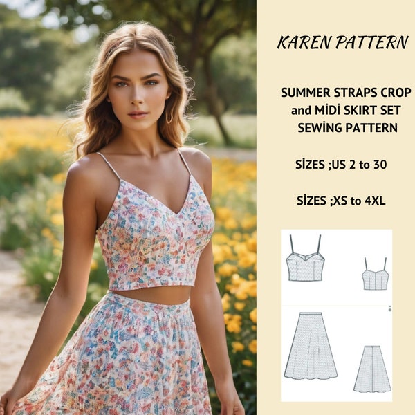 Cottagecore summer set Pattern,Straps crop top and midi skirt , A0-A4-Letter Sizes; US 2 to 30 (Our collection includes plus size options )