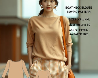 Cottagecore Linen Boat Neck Blouse Sewing Pattern: Easy Long Sleeve Top (XS-4XL) (PDF Pattern)