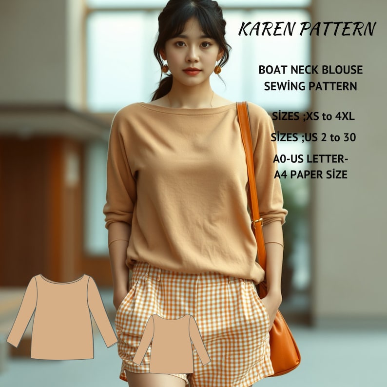 May include: A sewing pattern for a boat neck blouse. The pattern includes sizes XS to 4XL and US sizes 2 to 30. The pattern is designed to be printed on A4 or US Letter size paper.