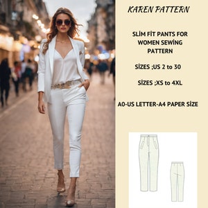 Slim Fit Pants Sewing Pattern:Women&#39;s Retro Trousers (XS-4XL) (PDF Pattern)