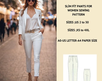 May include: A sewing pattern for slim fit pants for women. The pattern includes sizes US 2 to 30 and XS to 4XL. The pattern is designed to be printed on A0 or US Letter size paper.