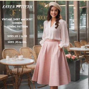 Patrón de falda y camisa vintage, falda por debajo de la rodilla, vestido elegante, tallas A0-A4 (carta estadounidense - talla 2-30)