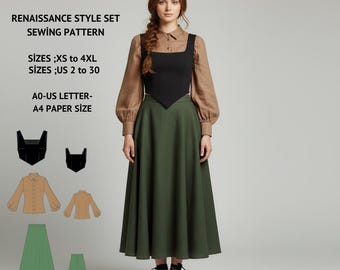 Renaissance Style Set Dress Sewing Pattern:Medieval Corset, Skirt & Shirt (US 2-30) (PDF Pattern)