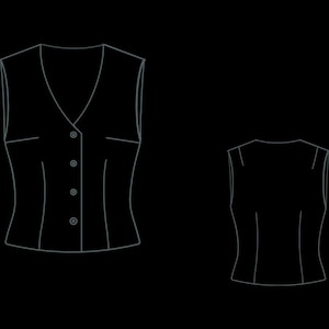 May include: Line drawing of a tailored vest with a V-neck, button closure, and two small pockets. The vest is shown from the front and back views. The design is in white on a black background.