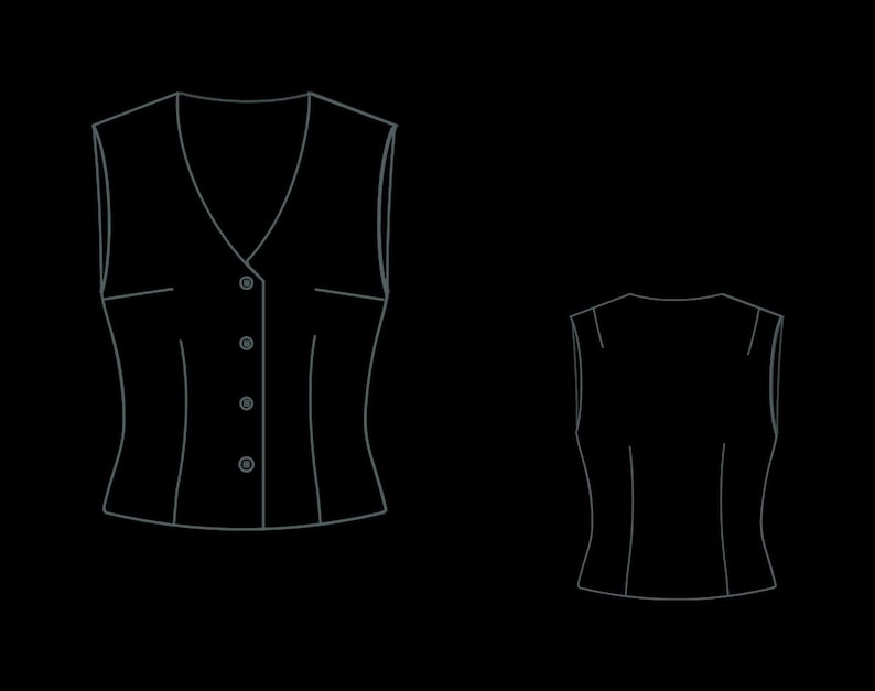 May include: Line drawing of a tailored vest with a V-neck, button closure, and two small pockets. The vest is shown from the front and back views. The design is in white on a black background.