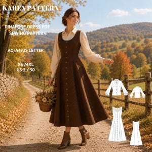 Könnte beinhalten: Ein braunes Trägerkleid mit durchgehender Knopfleiste, getragen über einer cremefarbenen Langarmbluse. Das Bild enthält den Text: KAREN PATTERN, PINAFORE DRESS PDF SEWING PATTERN, AO/A4/US LETTER, XS/4XL, US 2/30 sowie technische Schnittzeichnungen.