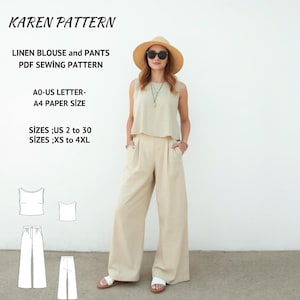 Linen Wide-Leg Pants and Blouse Sewing Pattern,Women&#39;s Linen Set,Women’s Minimalist Outfit Model,XS-4XL