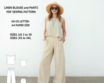 Linen Wide-Leg Pants & Blouse Sewing Pattern: Women's Minimalist Outfit (PDF Pattern, XS-4XL)