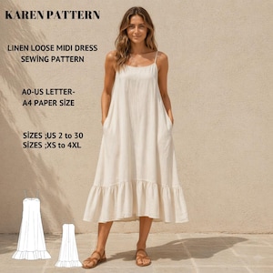 Könnte beinhalten: Eine Frau trägt ein cremefarbenes Leinen-Midikleid mit Spaghettiträgern und einem Rüschensaum. Auf dem Bild steht "KAREN PATTERN", "LINEN LOOSE MIDI DRESS SEWING PATTERN" und Größenangaben. Das Kleid hat Taschen.