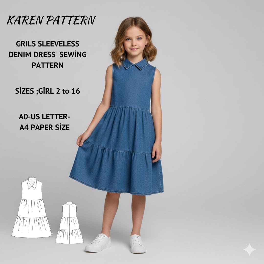 Girls Sleeveless Denim Tiered Dress Sewing Pattern, Sizes 2-16 (PDF Pattern A4 A0 US Letter)